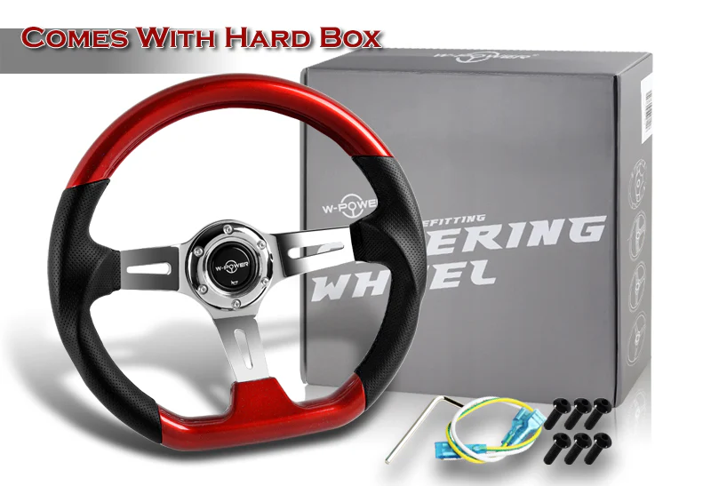 W-Power 13.5" 343mm 6-Bolt Hole JDM Euro VIP Style Pearl Wood Black Leather Grip With Aluminum Finished 3-Spoke 3 Inch Deep Dish Steering Wheel -Pearl Red Wood - Image 5
