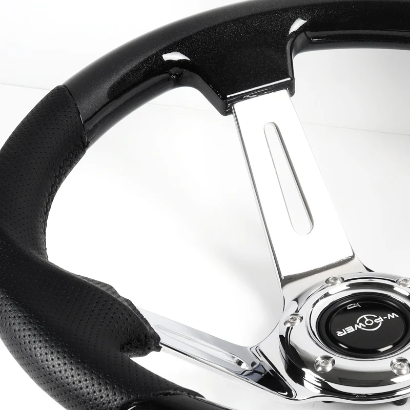 W-Power 13.5" 343mm 6-Bolt Hole JDM Euro VIP Style Pearl Wood Black Leather Grip With Aluminum Finished 3-Spoke 4 Inches Deep Dish Steering Wheel -Pearl Black Wood - Image 3