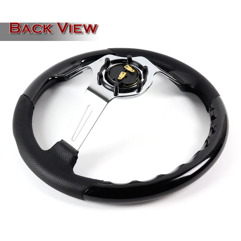 W-Power 13.5" 343mm 6-Bolt Hole JDM Euro VIP Style Pearl Wood Black Leather Grip With Aluminum Finished 3-Spoke 4 Inches Deep Dish Steering Wheel -Pearl Black Wood - Image 4