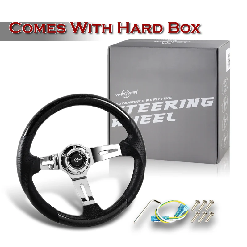 W-Power 13.5" 343mm 6-Bolt Hole JDM Euro VIP Style Pearl Wood Black Leather Grip With Aluminum Finished 3-Spoke 4 Inches Deep Dish Steering Wheel -Pearl Black Wood - Image 5