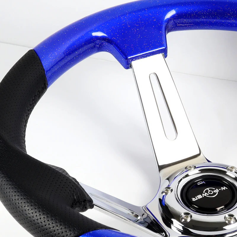 W-Power 13.5" 343mm 6-Bolt Hole JDM Euro VIP Style Pearl Wood Black Leather Grip With Aluminum Finished 3-Spoke 4 Inches Deep Dish Steering Wheel -Pearl Blue Wood - Image 3