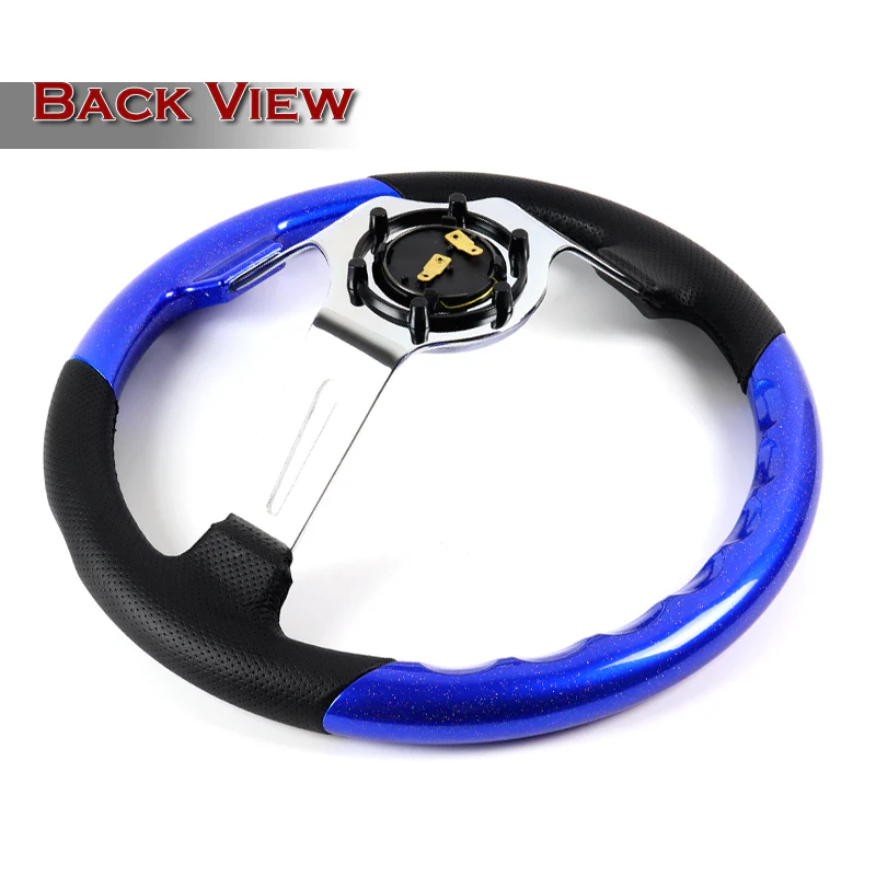 W-Power 13.5" 343mm 6-Bolt Hole JDM Euro VIP Style Pearl Wood Black Leather Grip With Aluminum Finished 3-Spoke 4 Inches Deep Dish Steering Wheel -Pearl Blue Wood - Image 4