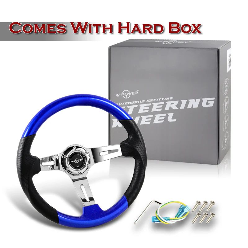 W-Power 13.5" 343mm 6-Bolt Hole JDM Euro VIP Style Pearl Wood Black Leather Grip With Aluminum Finished 3-Spoke 4 Inches Deep Dish Steering Wheel -Pearl Blue Wood - Image 5