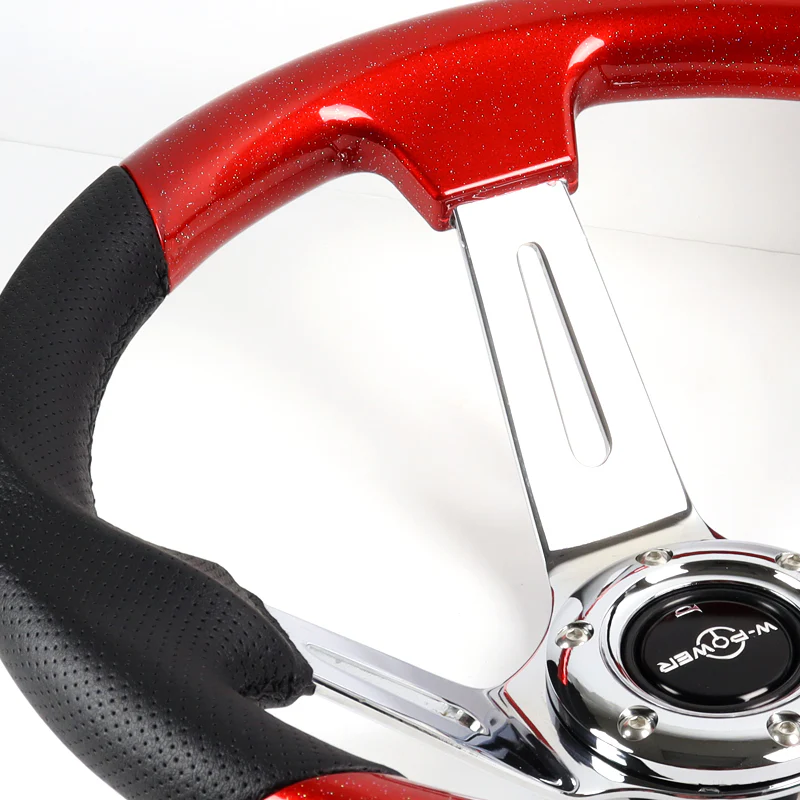 W-Power 13.5" 343mm 6-Bolt Hole JDM Euro VIP Style Pearl Wood Black Leather Grip With Aluminum Finished 3-Spoke 4 Inches Deep Dish Steering Wheel -Pearl Red Wood - Image 3