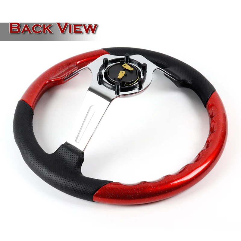 W-Power 13.5" 343mm 6-Bolt Hole JDM Euro VIP Style Pearl Wood Black Leather Grip With Aluminum Finished 3-Spoke 4 Inches Deep Dish Steering Wheel -Pearl Red Wood - Image 4