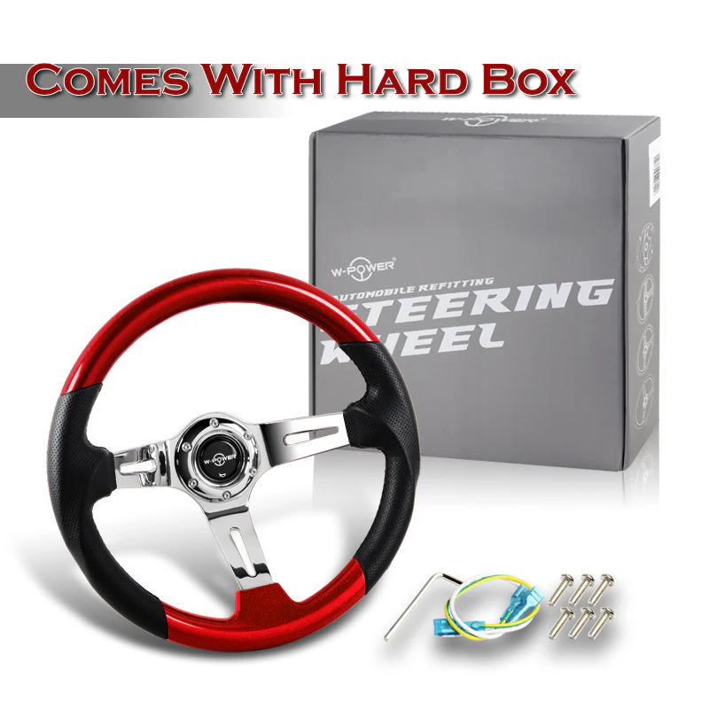 W-Power 13.5" 343mm 6-Bolt Hole JDM Euro VIP Style Pearl Wood Black Leather Grip With Aluminum Finished 3-Spoke 4 Inches Deep Dish Steering Wheel -Pearl Red Wood - Image 5