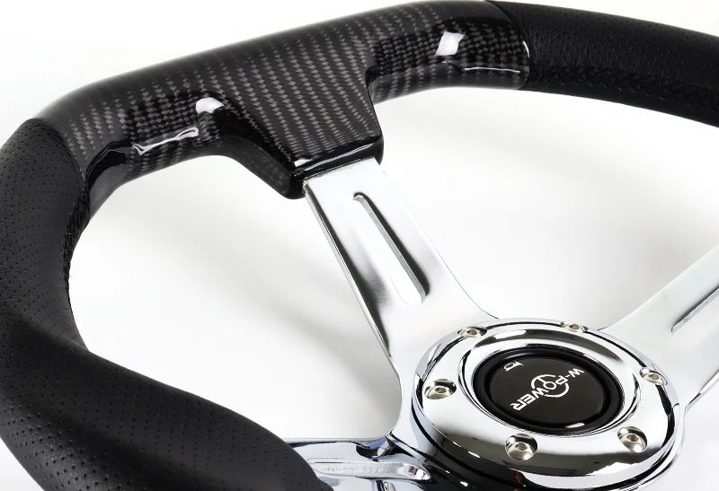 W-Power 13.5" 343mm 6-Bolt Hole JDM Euro VIP Style Real Carbon Fiber Black Leather Grip Aluminum Finished 3-Spoke 3 Inch Deep Dish Steering Wheel - Image 3