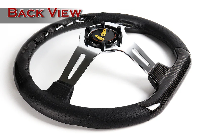 W-Power 13.5" 343mm 6-Bolt Hole JDM Euro VIP Style Real Carbon Fiber Black Leather Grip Aluminum Finished 3-Spoke 3 Inch Deep Dish Steering Wheel - Image 4