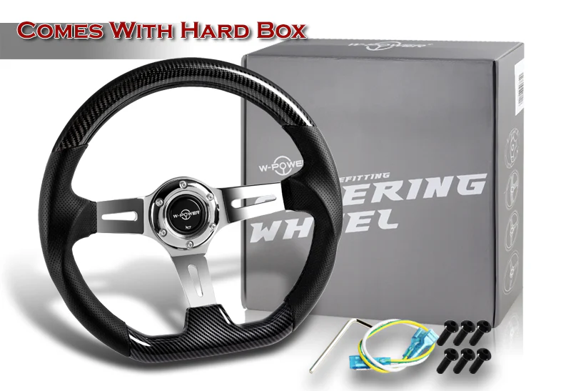 W-Power 13.5" 343mm 6-Bolt Hole JDM Euro VIP Style Real Carbon Fiber Black Leather Grip Aluminum Finished 3-Spoke 3 Inch Deep Dish Steering Wheel - Image 5