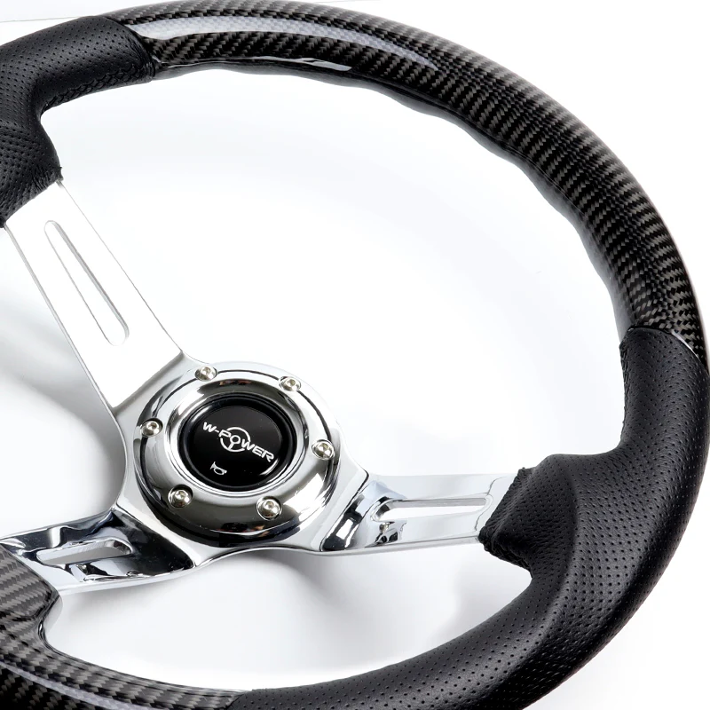 W-Power 13.5" 343mm 6-Bolt Hole JDM Euro VIP Style Real Carbon Fiber Black Leather Grip Aluminum Finished 3-Spoke 4 Inch Deep Dish Steering Wheel - Image 3