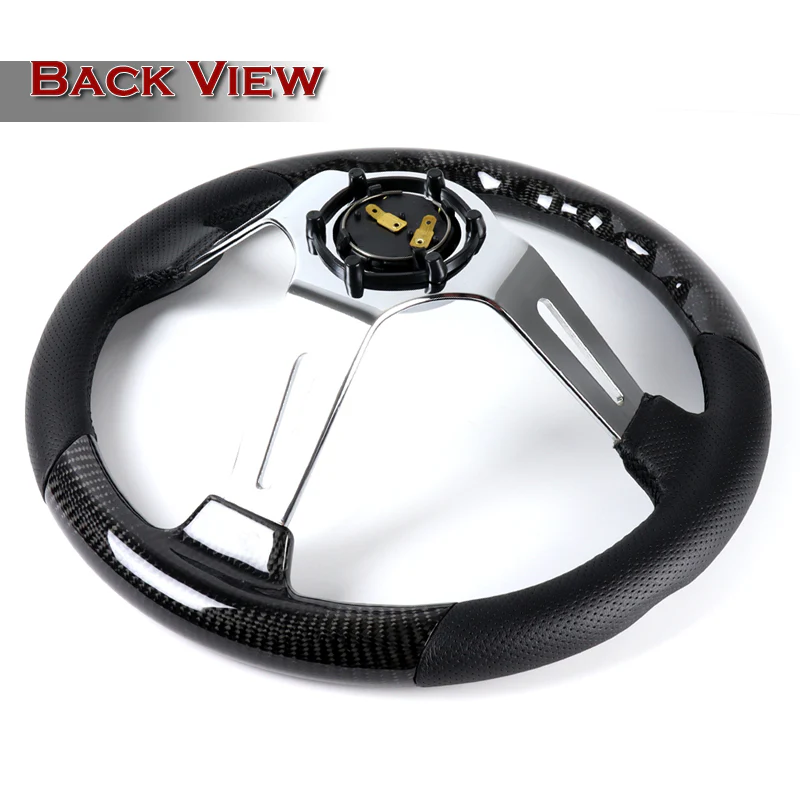 W-Power 13.5" 343mm 6-Bolt Hole JDM Euro VIP Style Real Carbon Fiber Black Leather Grip Aluminum Finished 3-Spoke 4 Inch Deep Dish Steering Wheel - Image 4