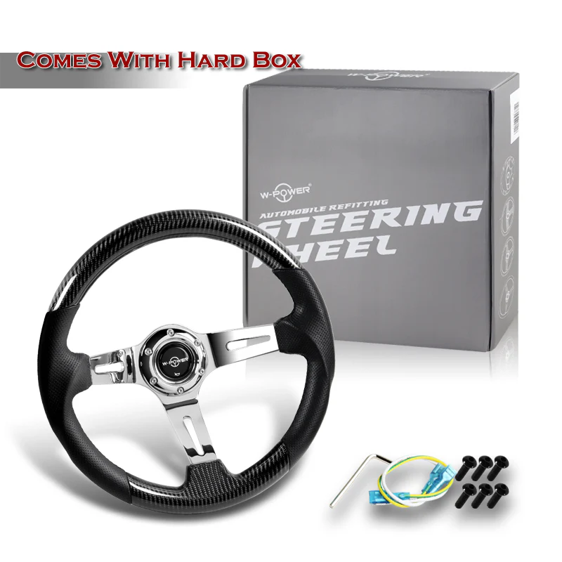 W-Power 13.5" 343mm 6-Bolt Hole JDM Euro VIP Style Real Carbon Fiber Black Leather Grip Aluminum Finished 3-Spoke 4 Inch Deep Dish Steering Wheel - Image 5
