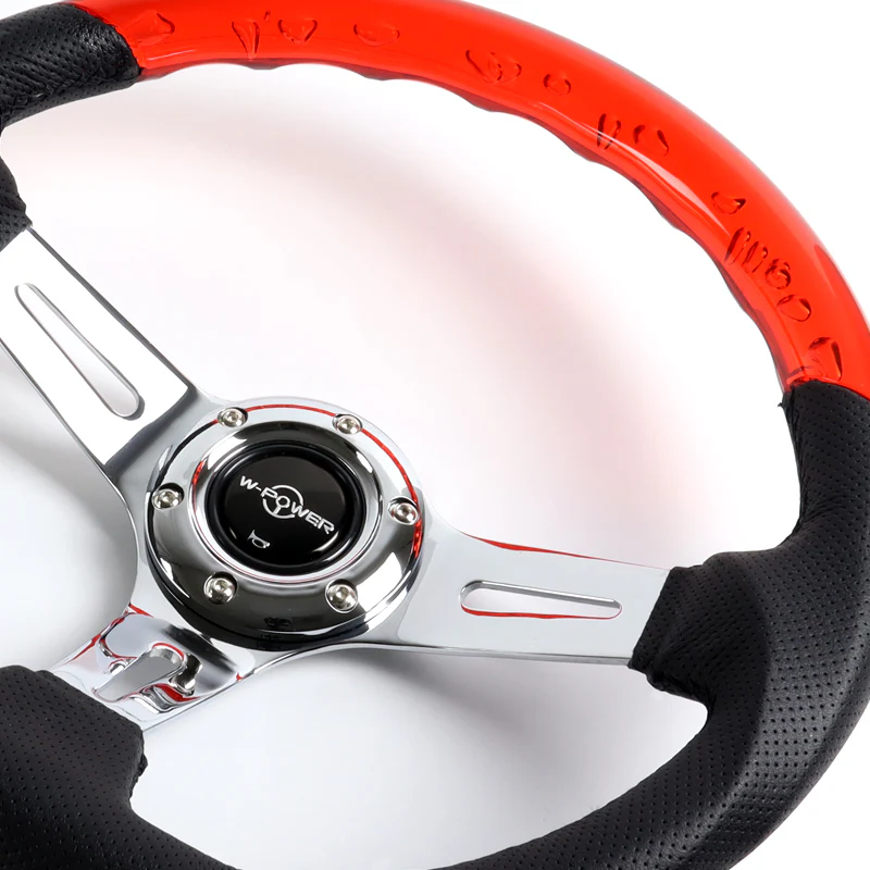 W-Power 13.5" 343mm 6-Bolt Hole JDM Euro VIP Style Red Crystal Bubble With Black Leather Grip Aluminum Finished 3-Spoke 3 Inch Deep Dish Steering Wheel - Image 3