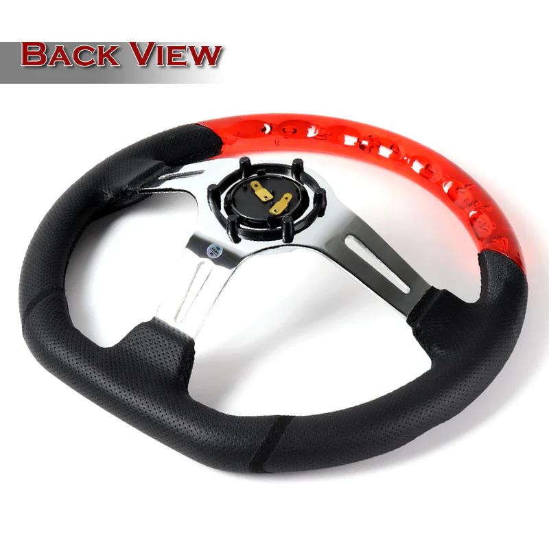 W-Power 13.5" 343mm 6-Bolt Hole JDM Euro VIP Style Red Crystal Bubble With Black Leather Grip Aluminum Finished 3-Spoke 3 Inch Deep Dish Steering Wheel - Image 4