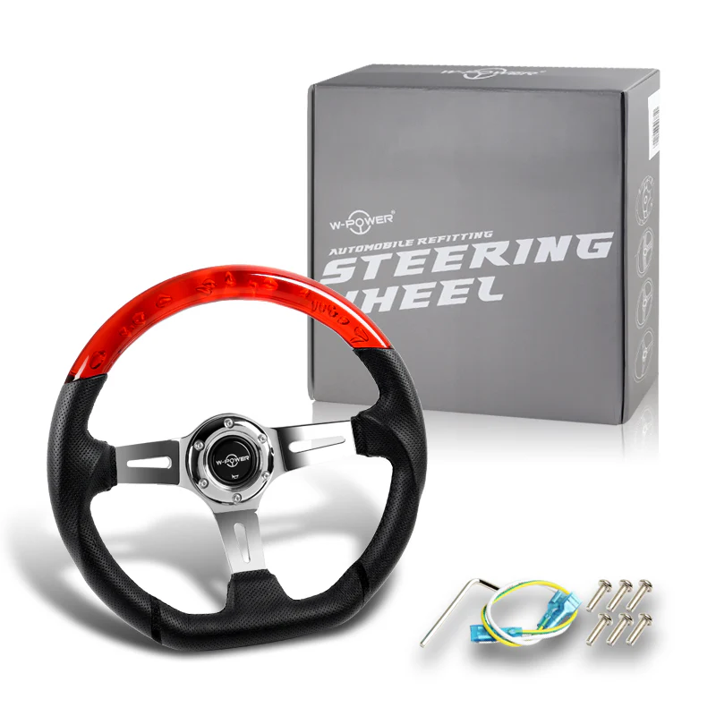 W-Power 13.5" 343mm 6-Bolt Hole JDM Euro VIP Style Red Crystal Bubble With Black Leather Grip Aluminum Finished 3-Spoke 3 Inch Deep Dish Steering Wheel - Image 5
