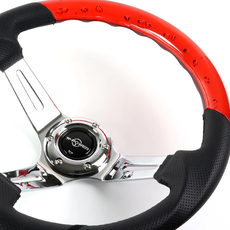 W-Power 13.5" 343mm 6-Bolt Hole JDM Euro VIP Style Red Crystal Bubble With Black Leather Grip Aluminum Finished 3-Spoke 4 Inch Deep Dish Steering Wheel - Image 3