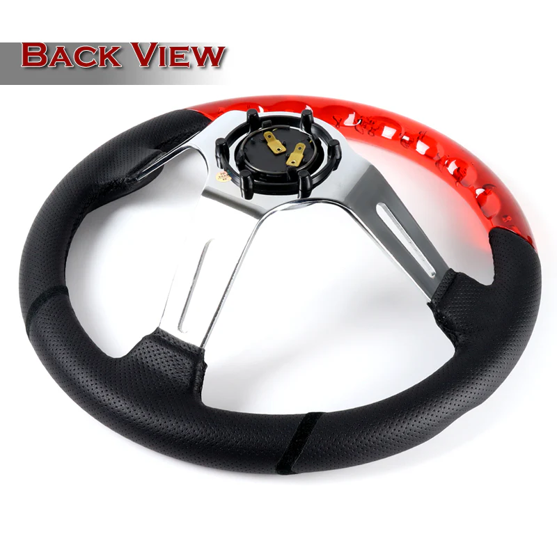 W-Power 13.5" 343mm 6-Bolt Hole JDM Euro VIP Style Red Crystal Bubble With Black Leather Grip Aluminum Finished 3-Spoke 4 Inch Deep Dish Steering Wheel - Image 4