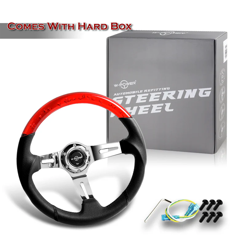 W-Power 13.5" 343mm 6-Bolt Hole JDM Euro VIP Style Red Crystal Bubble With Black Leather Grip Aluminum Finished 3-Spoke 4 Inch Deep Dish Steering Wheel - Image 5