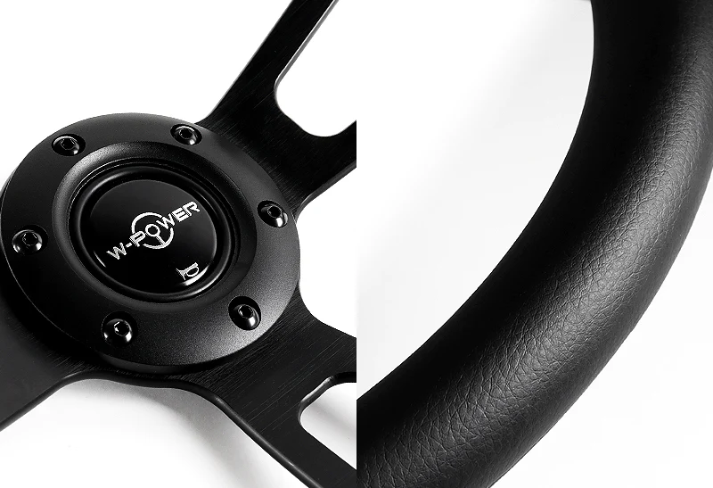 W-Power 13.5" 343mm 6-Bolt Hole Vintage Style Black Leather Grip With Aluminum Finished 3-Spoke 2.5 Inch Deep Dish Steering Wheel -Black Center Spoke - Image 3
