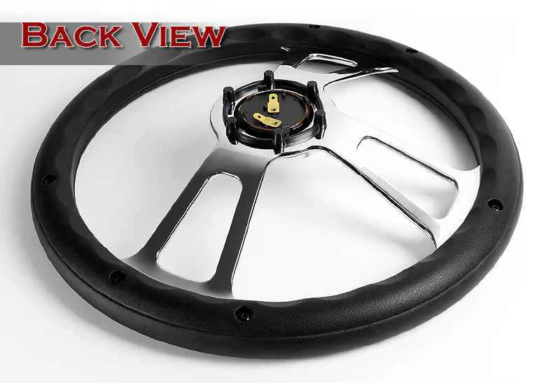 W-Power 13.5" 343mm 6-Bolt Hole Vintage Style Black Leather Grip With Aluminum Finished 3-Spoke 2.5 Inch Deep Dish Steering Wheel -Chrome Center Spoke - Image 4