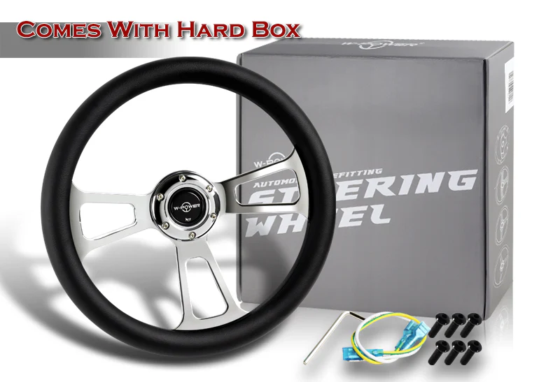 W-Power 13.5" 343mm 6-Bolt Hole Vintage Style Black Leather Grip With Aluminum Finished 3-Spoke 2.5 Inch Deep Dish Steering Wheel -Chrome Center Spoke - Image 5