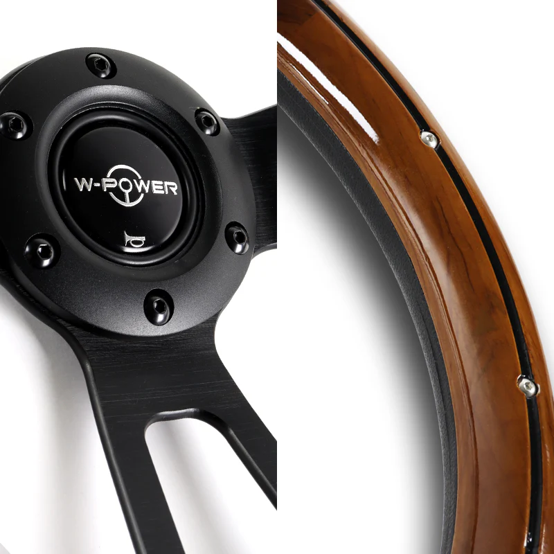 W-Power 13.5" 343mm 6-Bolt Hole Vintage Style Dark Wood With Billet Stripe Trim Grip Aluminum Finished 3-Spoke 2.5 Inch Deep Dish Steering Wheel -Black Center Spoke - Image 3