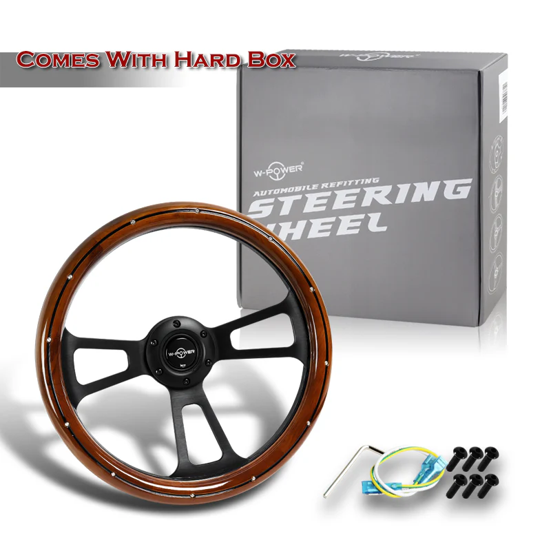 W-Power 13.5" 343mm 6-Bolt Hole Vintage Style Dark Wood With Billet Stripe Trim Grip Aluminum Finished 3-Spoke 2.5 Inch Deep Dish Steering Wheel -Black Center Spoke - Image 5