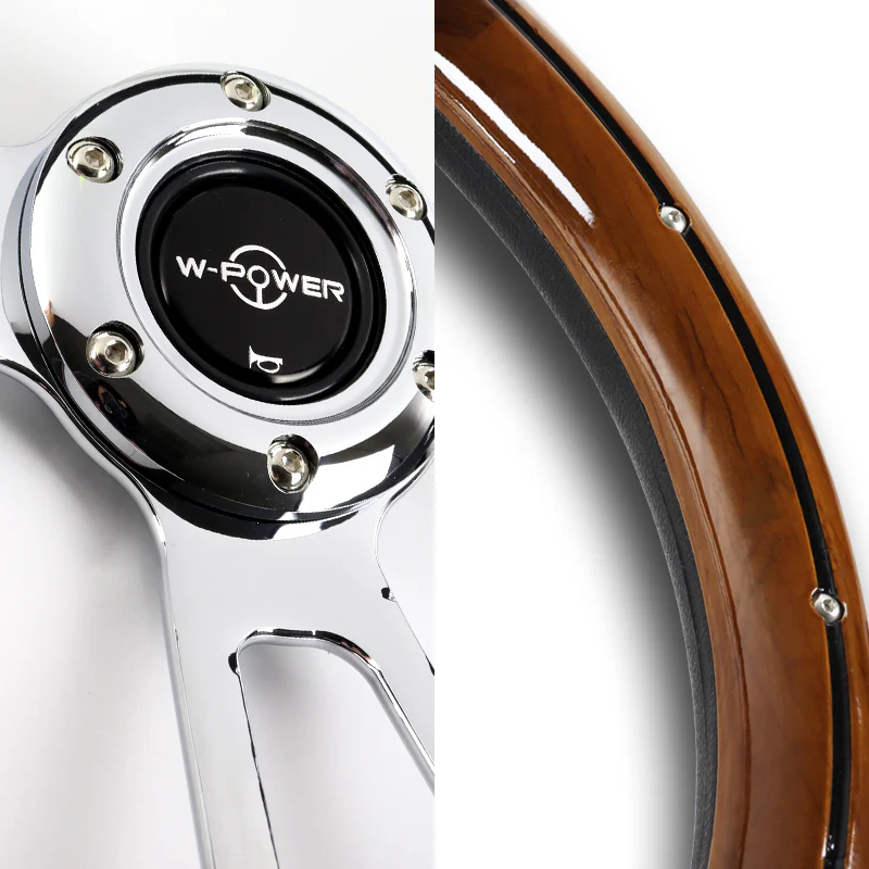 W-Power 13.5" 343mm 6-Bolt Hole Vintage Style Dark Wood With Billet Stripe Trim Grip Aluminum Finished 3-Spoke 2.5 Inch Deep Dish Steering Wheel -Chrome Center Spoke - Image 3
