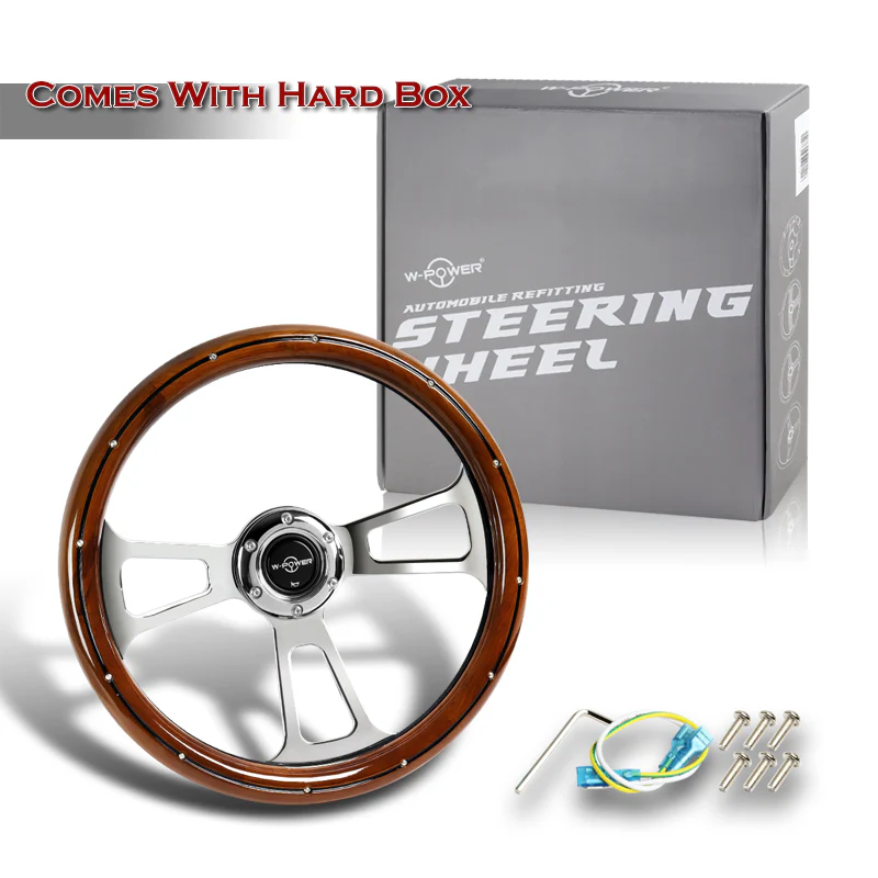 W-Power 13.5" 343mm 6-Bolt Hole Vintage Style Dark Wood With Billet Stripe Trim Grip Aluminum Finished 3-Spoke 2.5 Inch Deep Dish Steering Wheel -Chrome Center Spoke - Image 5