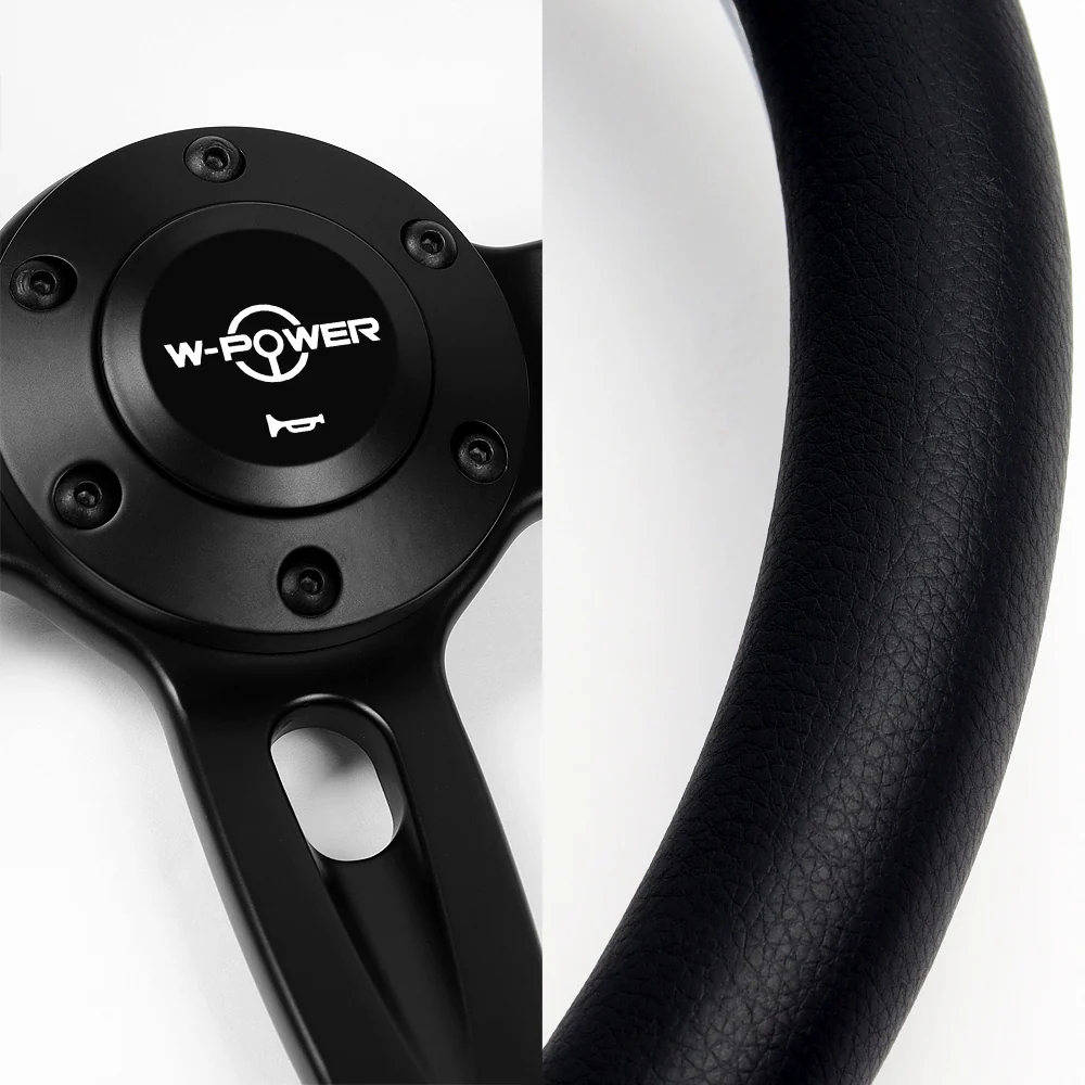 W-Power 14" 350mm 6-Bolt Hole Vinyl Grip With Aluminum Finished 3-Spoke Steering Wheel -Black Vinyl Wrap/Black Center Spoke - Image 3