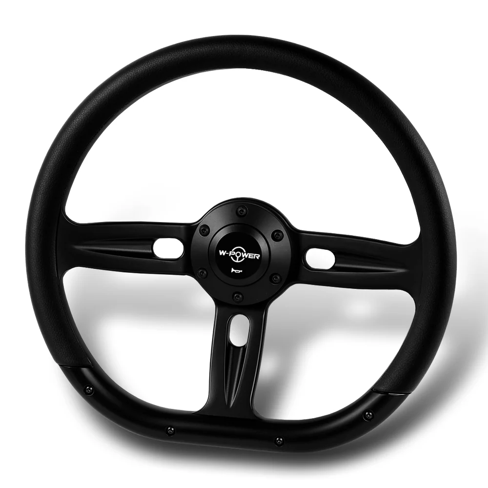 W-Power 14" 350mm 6-Bolt Hole Vinyl Grip With Aluminum Finished 3-Spoke Steering Wheel -Black Vinyl Wrap/Black Center Spoke - Image 4