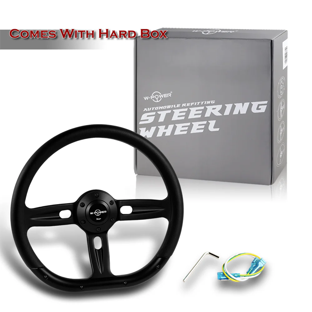 W-Power 14" 350mm 6-Bolt Hole Vinyl Grip With Aluminum Finished 3-Spoke Steering Wheel -Black Vinyl Wrap/Black Center Spoke - Image 6