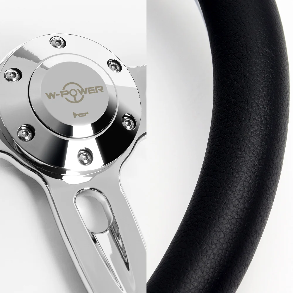 W-Power 14" 350mm 6-Bolt Hole Vinyl Grip With Aluminum Finished 3-Spoke Steering Wheel -Black Vinyl Wrap/Chrome Center Spoke - Image 3