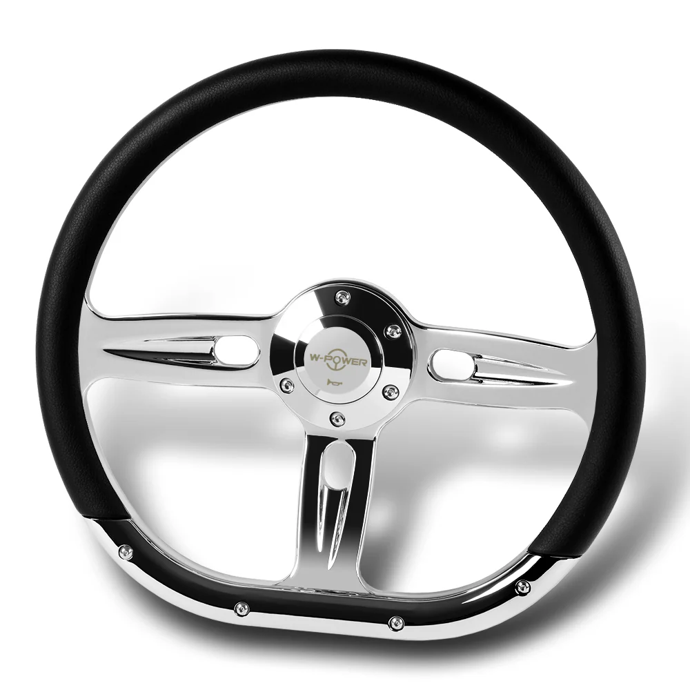 W-Power 14" 350mm 6-Bolt Hole Vinyl Grip With Aluminum Finished 3-Spoke Steering Wheel -Black Vinyl Wrap/Chrome Center Spoke - Image 4