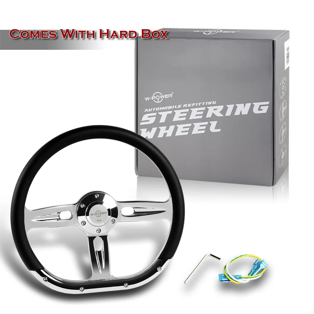 W-Power 14" 350mm 6-Bolt Hole Vinyl Grip With Aluminum Finished 3-Spoke Steering Wheel -Black Vinyl Wrap/Chrome Center Spoke - Image 7
