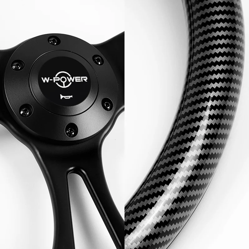 W-Power 14" 350mm 6-Bolt Hole Carbon Fiber Look Style Grain Grip With Aluminum Finished 3-Spoke Steering Wheel -Black Center Spoke - Image 3