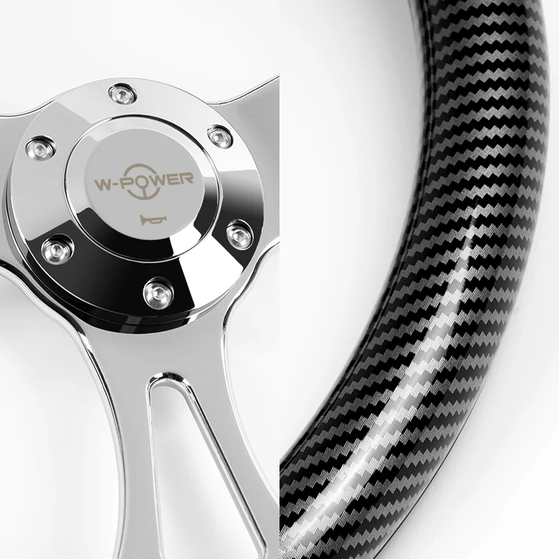 W-Power 14" 350mm 6-Bolt Hole Carbon Fiber Look Style Grain Grip With Aluminum Finished 3-Spoke Steering Wheel -Chrome Center Spoke - Image 3