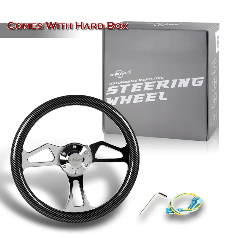 W-Power 14" 350mm 6-Bolt Hole Carbon Fiber Look Style Grain Grip With Aluminum Finished 3-Spoke Steering Wheel -Chrome Center Spoke - Image 6