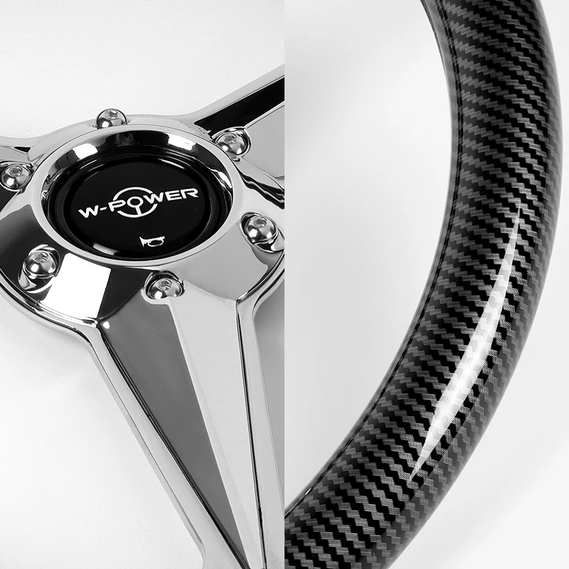 W-Power 14" 350mm 6-Bolt Hole Carbon Fiber Look Style Grip With Aluminum Finished 3-Spoke Steering Wheel - Image 3
