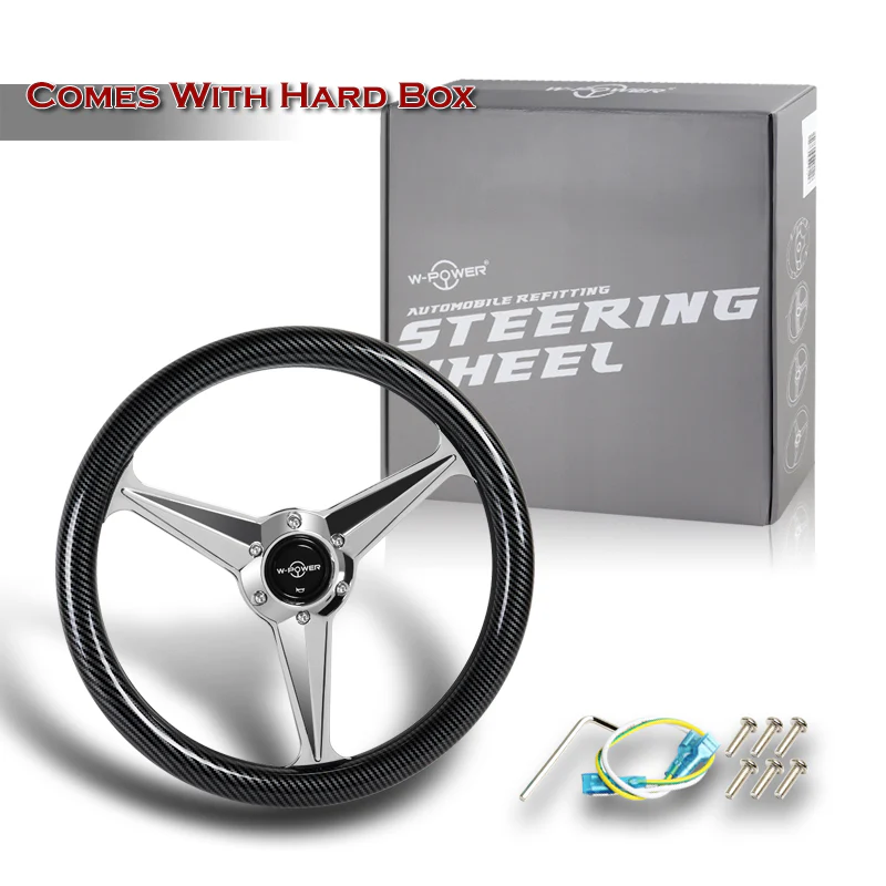 W-Power 14" 350mm 6-Bolt Hole Carbon Fiber Look Style Grip With Aluminum Finished 3-Spoke Steering Wheel - Image 5