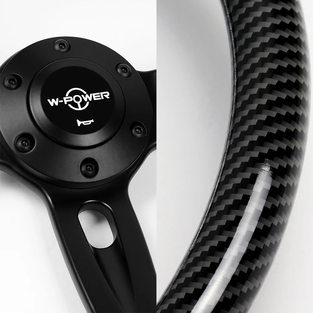 W-Power 14" 350mm 6-Bolt Hole Carbon Fiber Painted Half Wrap Grip With Aluminum Finished 3-Spoke Steering Wheel -Black Center Spoke - Image 3