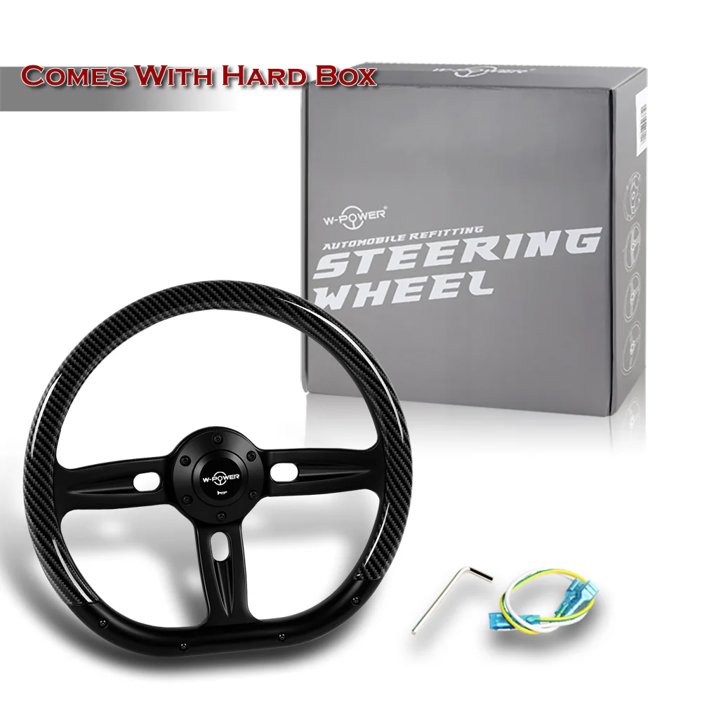W-Power 14" 350mm 6-Bolt Hole Carbon Fiber Painted Half Wrap Grip With Aluminum Finished 3-Spoke Steering Wheel -Black Center Spoke - Image 6