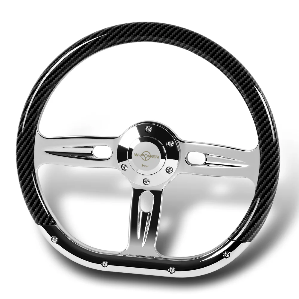 W-Power 14" 350mm 6-Bolt Hole Carbon Fiber Painted Half Wrap Grip With Aluminum Finished 3-Spoke Steering Wheel -Chrome Center Spoke - Image 4