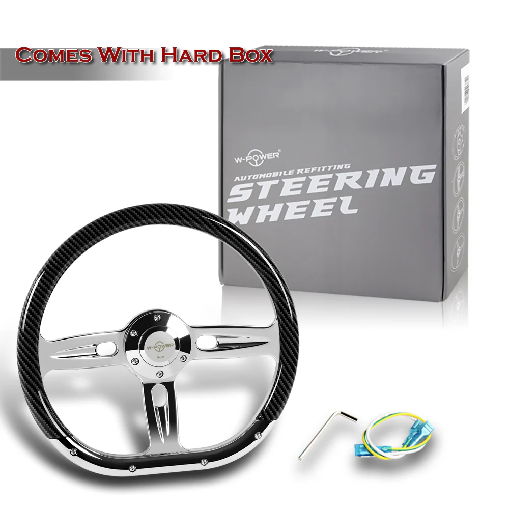 W-Power 14" 350mm 6-Bolt Hole Carbon Fiber Painted Half Wrap Grip With Aluminum Finished 3-Spoke Steering Wheel -Chrome Center Spoke - Image 6