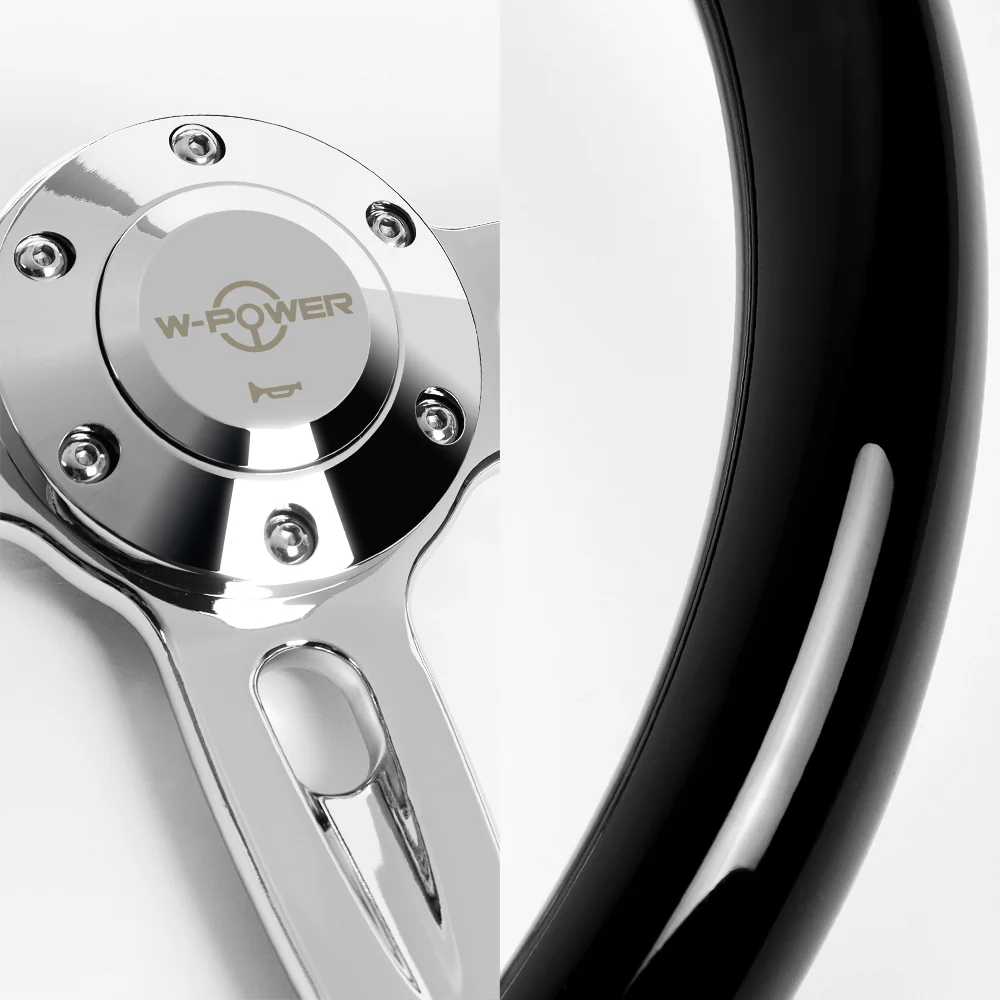 W-Power 14" 350mm 6-Bolt Hole Classic Black Wood Half Wrap Grip With Aluminum Finished 3-Spoke Steering Wheel -Chrome Center Spoke - Image 3