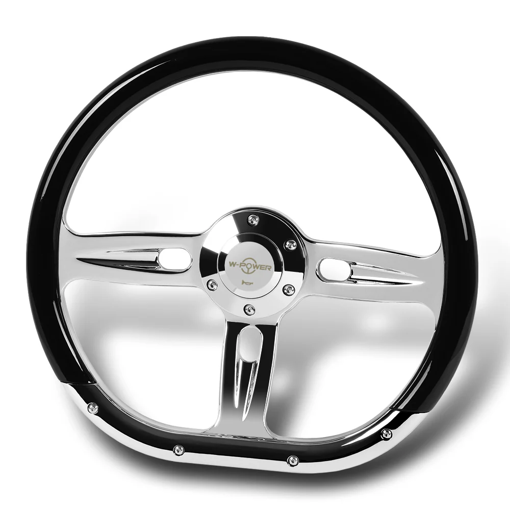 W-Power 14" 350mm 6-Bolt Hole Classic Black Wood Half Wrap Grip With Aluminum Finished 3-Spoke Steering Wheel -Chrome Center Spoke - Image 4