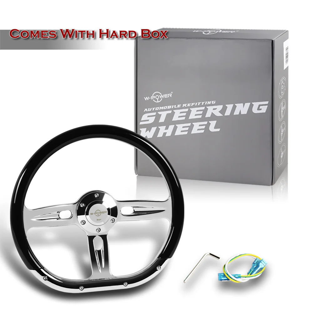 W-Power 14" 350mm 6-Bolt Hole Classic Black Wood Half Wrap Grip With Aluminum Finished 3-Spoke Steering Wheel -Chrome Center Spoke - Image 6