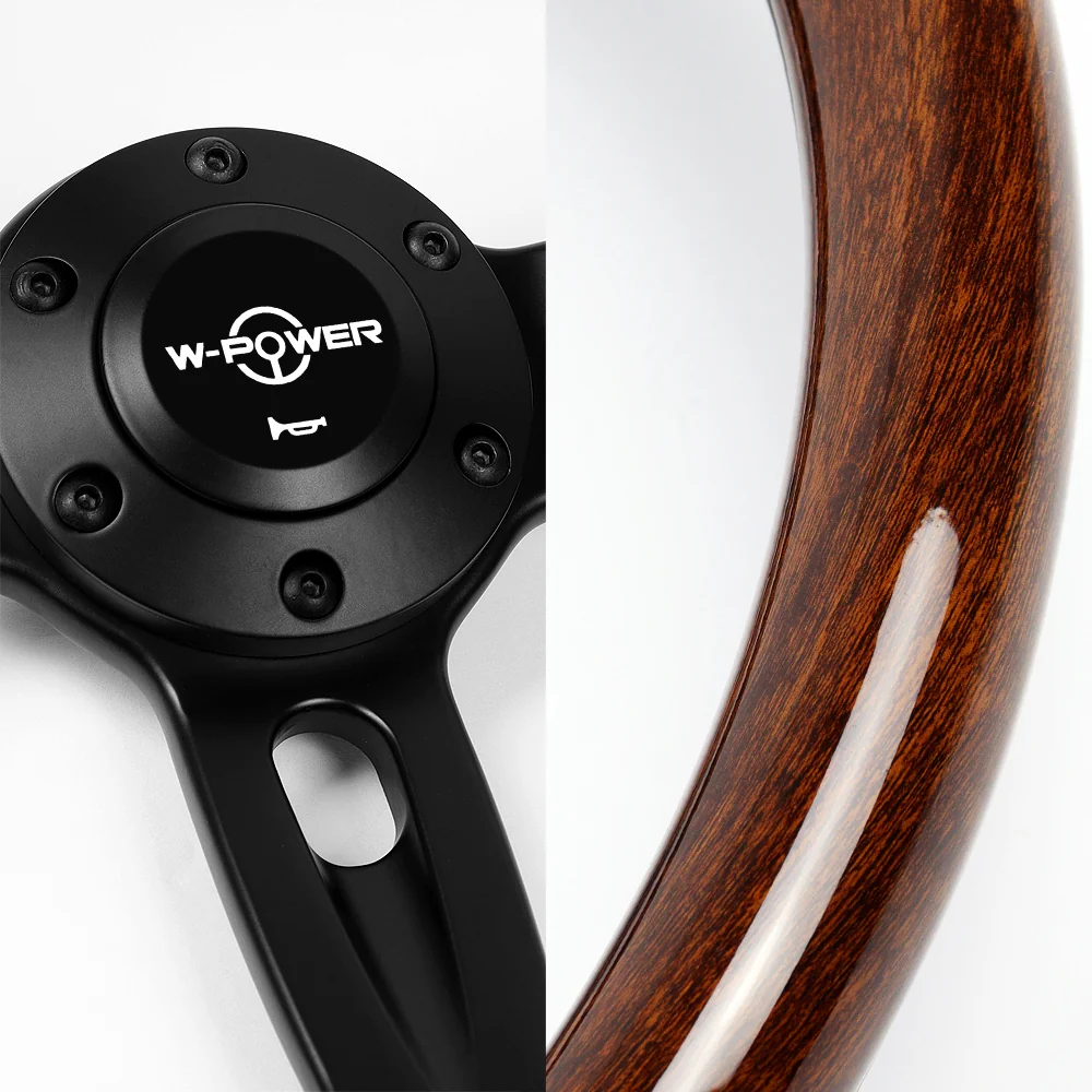 W-Power 14" 350mm 6-Bolt Hole Classic Brown Wood Half Wrap Grip With Aluminum Finished 3-Spoke Steering Wheel -Black Center Spoke - Image 3