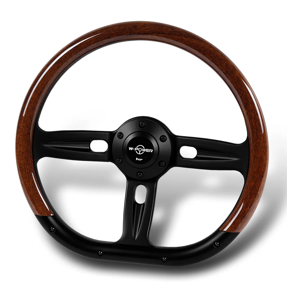 W-Power 14" 350mm 6-Bolt Hole Classic Brown Wood Half Wrap Grip With Aluminum Finished 3-Spoke Steering Wheel -Black Center Spoke - Image 4