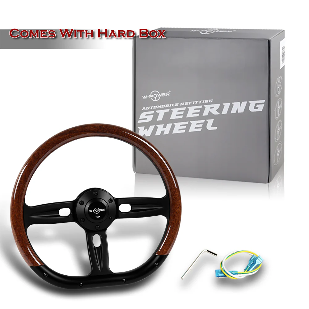 W-Power 14" 350mm 6-Bolt Hole Classic Brown Wood Half Wrap Grip With Aluminum Finished 3-Spoke Steering Wheel -Black Center Spoke - Image 6